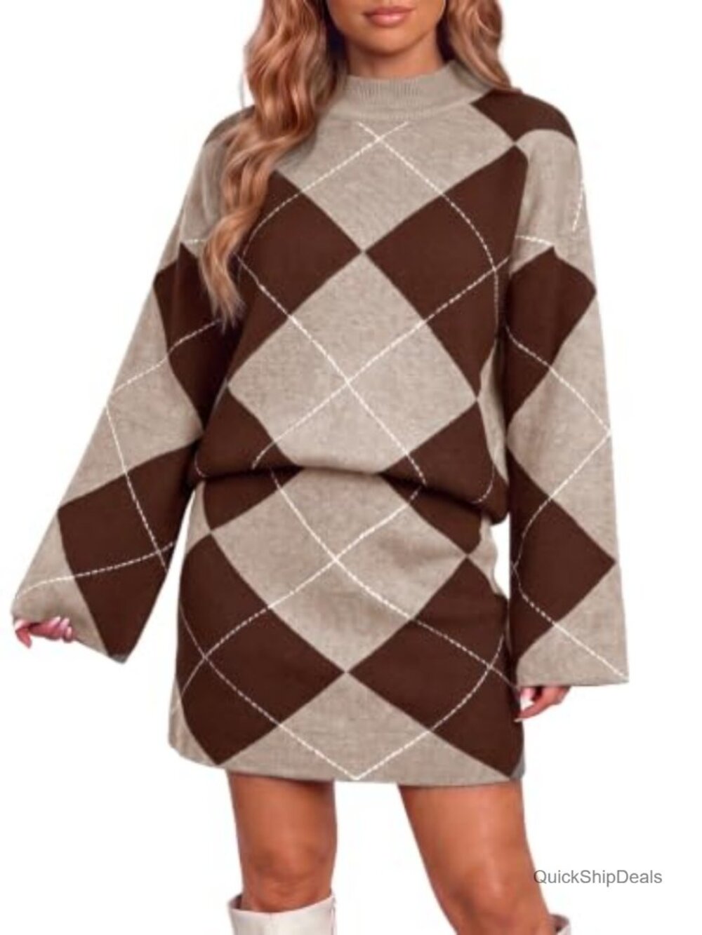 Women's 2 Piece Argyle Knit Sweater and Skirt Set Fall Winter Outfit